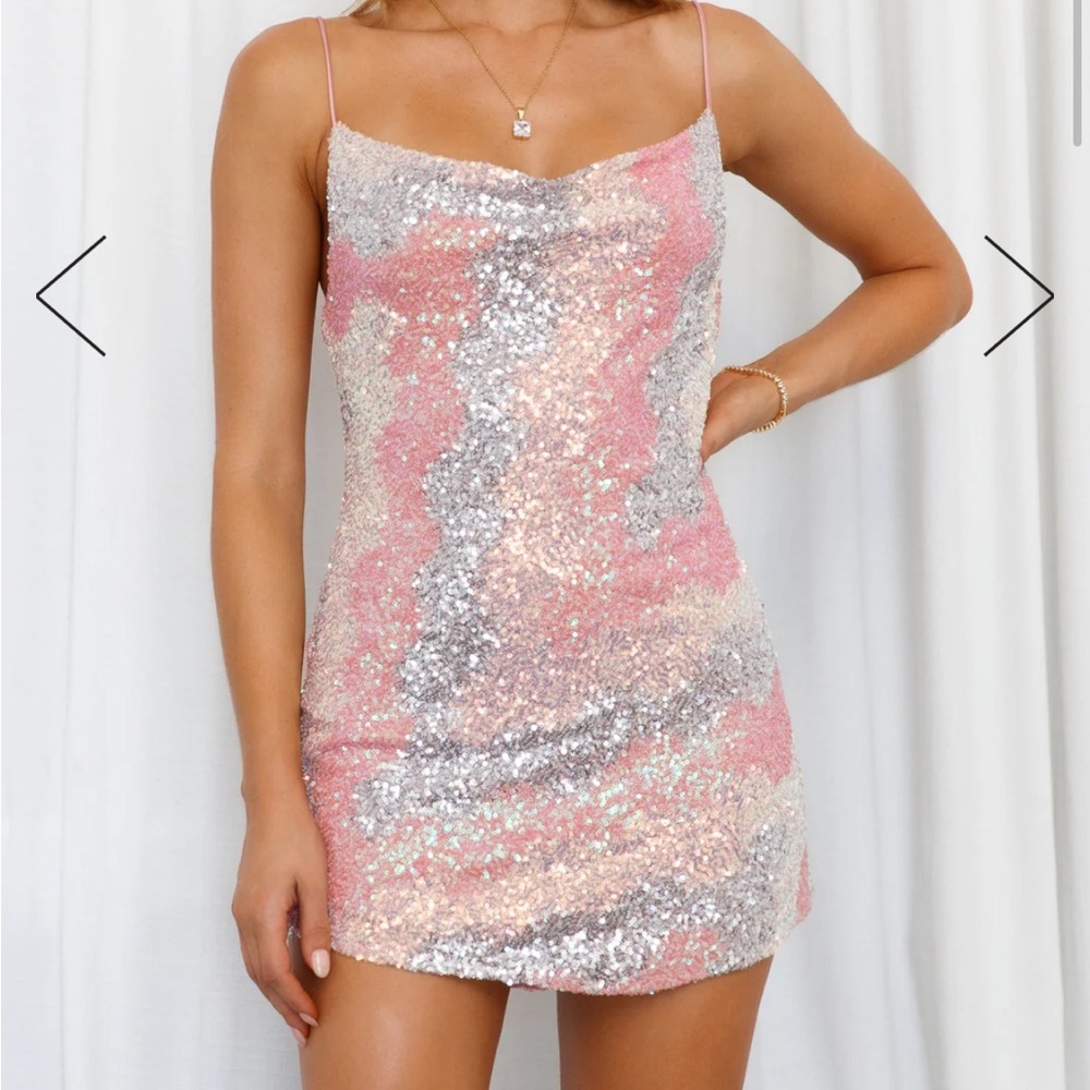 Hello Molly Pink & Silver Sequin Cowl Neck Mini Dress